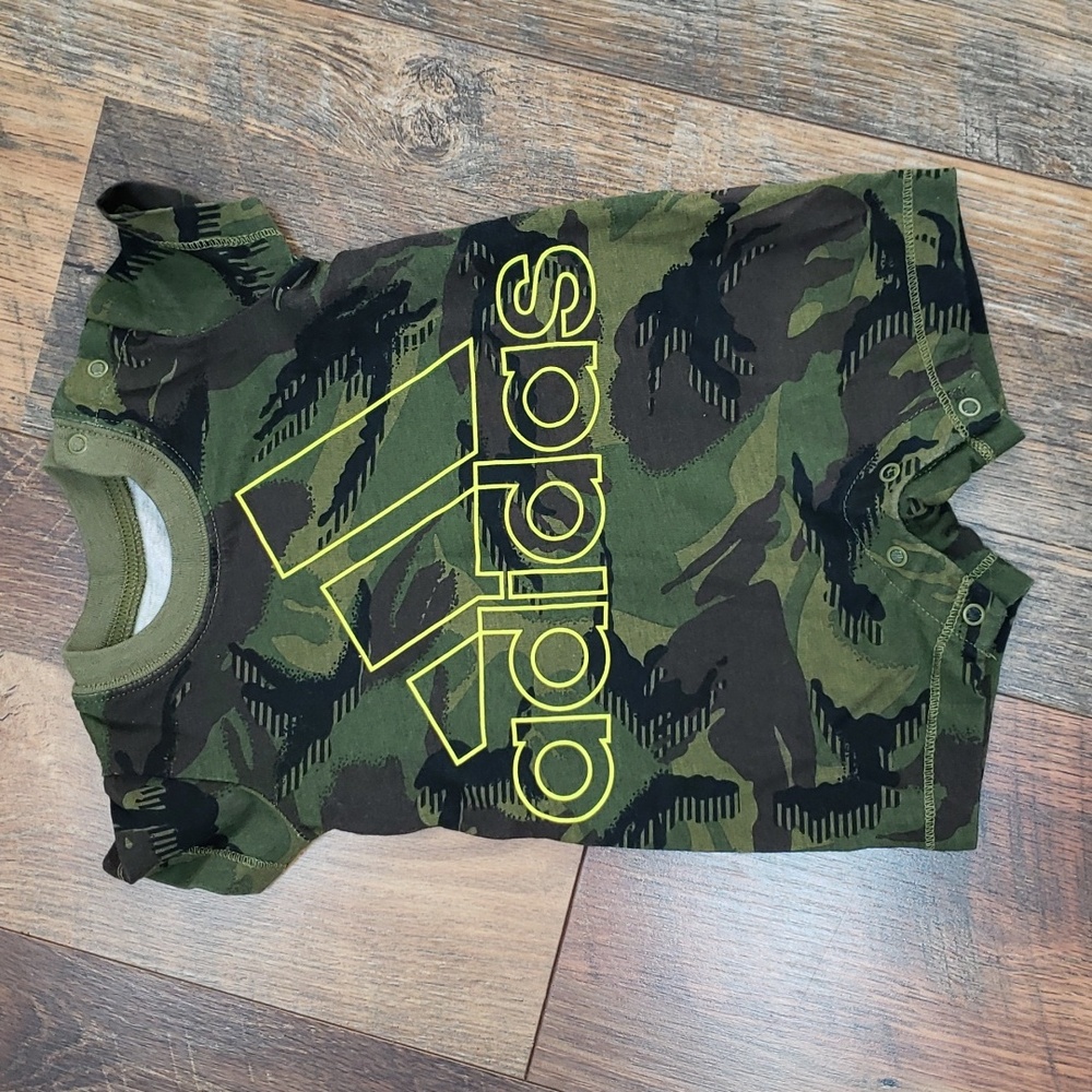 Adidas Green Camo Onesie with Yellow Logo, Size 3 Months